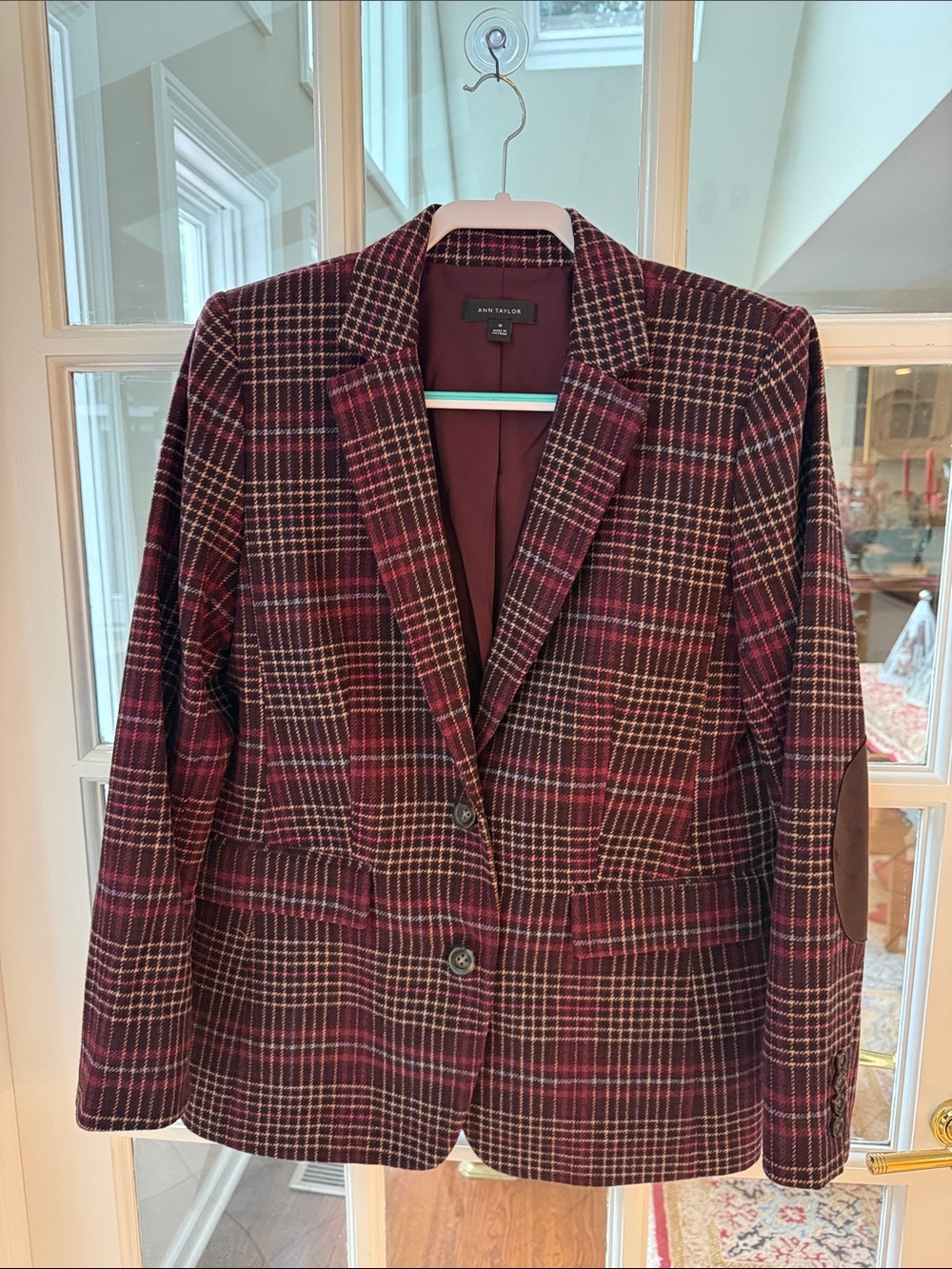 Ann Taylor Burgundy Plaid Blazer with Elbow Patches